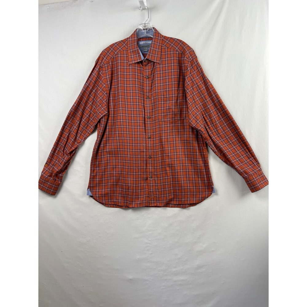 Johnston & Murphy Button Down Shirt Mens Large Orange Blue Plaid Tailored Fit